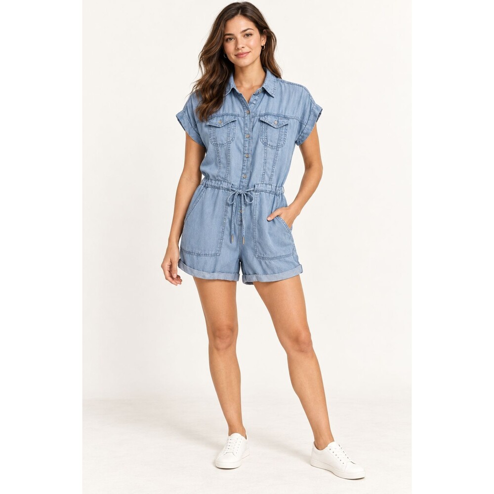 DKNY Jeans Romper Women Small Light Wash Tencel Button Front Drawstring Casual
